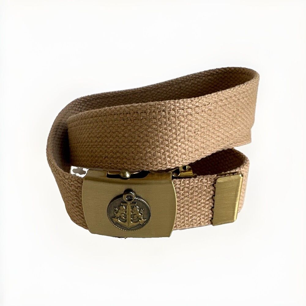 Vintage Merit US Navy Military Tan Web Belt W/Solid Brass Buckle USA 1.25”Wx42”L